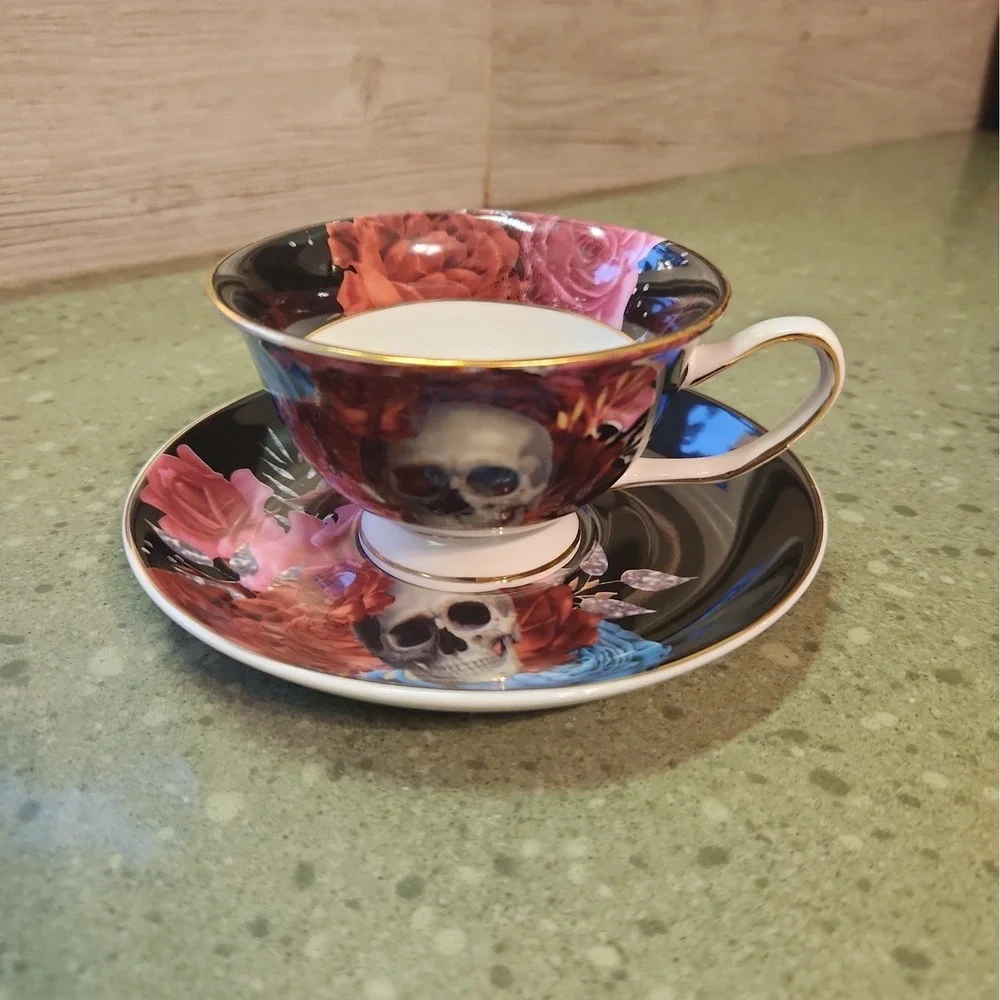 Grace Teaware Porcelain Tea Cup & Saucer Floral Skull Gothic Spooky Halloween
